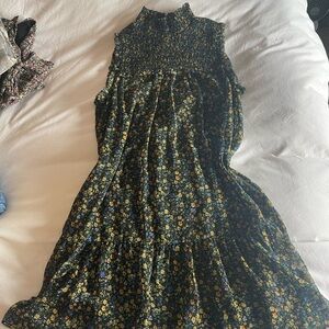 Smocked Neck Floral Mini Dress in Black with Yellow & Blue Flowers